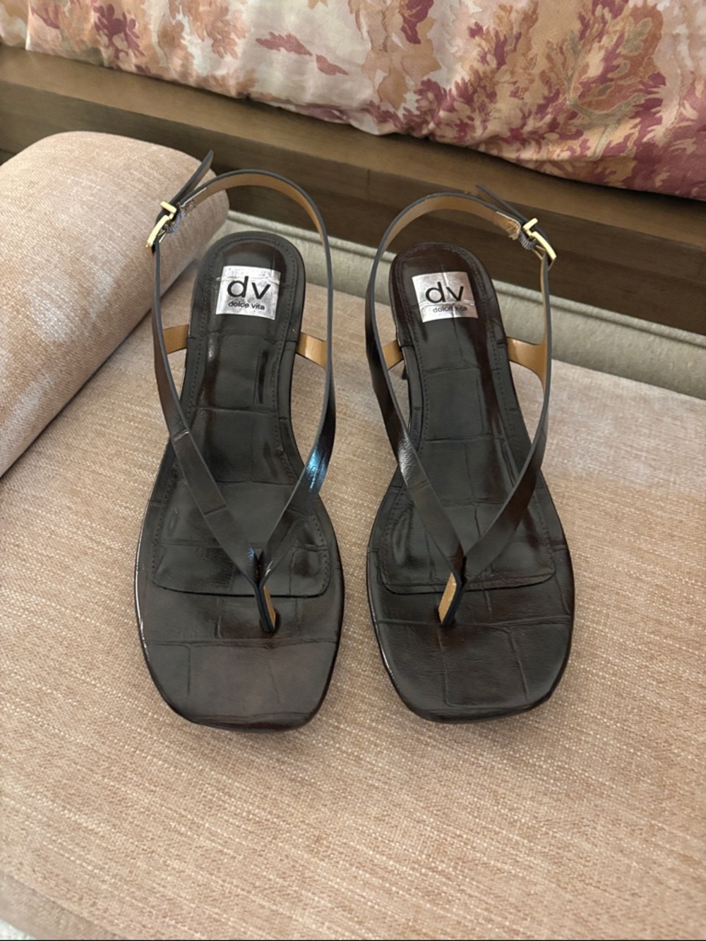DV by Dolce Vita Dark Brown Croc-Embossed Slingback Sandals